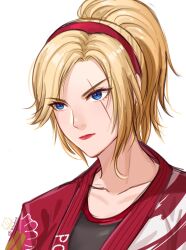 1girl absurdres artist_logo blonde_hair blue_eyes collarbone cowboy_shot dougi highres karate_gi lidia_sobieska ponytail scar scar_across_eye scar_on_face short_hair simple_background solo tekken tekken_8 twitter_username velantart white_background