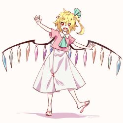 Rule 34 | 1girl, alternate costume, arms up, blonde hair, blue neckwear, blue ribbon, blush, collar, crystal, female focus, flandre scarlet, hair between eyes, hair ribbon, hands up, holding, jewelry, looking at viewer, messy hair, multicolored wings, open mouth, pink footwear, pink shirt, pink sleeves, ponytail, red eyes, ribbon, sandals, shikido (khf), shirt, short hair, short sleeves, skirt, smile, solo, standing, standing on one leg, t-shirt, touhou, white skirt, wings