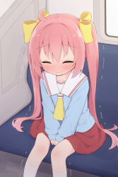 Rule 34 | 1girl, ahoge, ayanepuna, between legs, blue shirt, blush, bow, closed eyes, closed mouth, collared shirt, feet out of frame, hair between eyes, hair bow, hand between legs, have to pee, highres, indoors, long hair, long sleeves, nose blush, original, pink hair, pleated skirt, puffy long sleeves, puffy sleeves, red skirt, shirt, sitting, skirt, sleeves past wrists, socks, solo, tears, train interior, trembling, twintails, very long hair, white socks, yellow bow