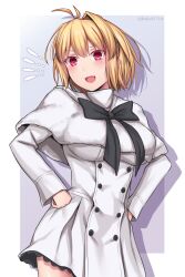 Rule 34 | 1girl, antenna hair, arcueid brunestud, black bow, blonde hair, blush, bow, bowtie, breasts, buttons, capelet, commentary request, dress, hands on own hips, highres, long sleeves, looking at viewer, medium breasts, official alternate costume, open mouth, red eyes, short hair, simple background, single hair intake, smile, solo, soukitsu, tsukihime, tsukihime (remake), twitter username, white capelet, white dress