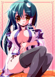 Rule 34 | 1girl, blush, breasts, cleavage, detached sleeves, covered erect nipples, female focus, frog, green hair, hair ornament, japanese clothes, kochiya sanae, large breasts, long hair, miko, miuku (marine sapphire), open clothes, open shirt, panties, pantyshot, pussy juice, shirt, snake, solo, thighhighs, touhou, underwear, yellow eyes