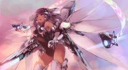 Rule 34 | 1girl, armor, armpits, bad id, bad pixiv id, bodysuit, covered navel, drone, energy blade, gauntlets, gloves, halterneck, highres, hinapikorin, leotard, long hair, mecha, mecha musume, mechanical wings, open mouth, original, power suit, purple eyes, purple hair, robot, satellite, science fiction, skin tight, solo, sword, thighs, weapon, wings