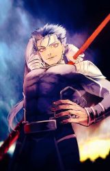Rule 34 | 1boy, arm behind head, armor, blue hair, bodysuit, closed mouth, cu chulainn (fate), earrings, fate/stay night, fate (series), from below, gae bolg (fate), hand on own hip, highres, holding, holding polearm, holding weapon, jewelry, cu chulainn (fate/stay night), long hair, looking at viewer, male focus, marimoris, muscular, pauldrons, polearm, polearm behind back, red eyes, shoulder armor, skin tight, sky, smile, solo, spiked hair, type-moon, weapon