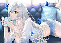 Rule 34 | 1girl, abe hikaru, absurdres, blue nails, breasts, butterfly hair ornament, cleavage, collarbone, cowboy shot, crop top, cup, cutoffs, denim, denim shorts, from side, grey hair, hair between eyes, hair ornament, highres, jewelry, large breasts, legs up, long hair, looking at viewer, lying, mug, nail polish, necklace, on stomach, open clothes, open mouth, original, see-through, short shorts, shorts, swept bangs, yellow eyes