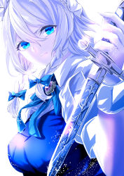 Rule 34 | 1girl, :|, apron, blue dress, blue eyes, breasts, brooch, buttons, closed mouth, collared shirt, commentary request, dagger, dress, eyelashes, fingernails, gem, green neckwear, green ribbon, hair between eyes, hair ribbon, highres, holding, holding dagger, holding knife, holding weapon, izayoi sakuya, jan (lightdragoon), jewelry, knife, large breasts, light particles, lips, long fingernails, maid, maid apron, maid headdress, puffy short sleeves, puffy sleeves, purple gemstone, ribbon, serious, shirt, short sleeves, sidelighting, sidelocks, simple background, solo, standing, touhou, tress ribbon, twintails, weapon, white background, white shirt, wing collar, wrist cuffs
