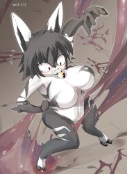 Rule 34 | 1girl, animal ears, bell, black eyes, black hair, black skin, blush, bouncing breasts, breasts, clenched teeth, colored skin, completely nude, episode 170 monster girl, fewer digits, full body, furry, furry female, highres, large breasts, lets0020, looking down, medium bangs, multicolored skin, navel, neck bell, nude, one-punch man, sharp teeth, short hair, sitting, slime (substance), solo, teeth, two-tone skin, white skin, wolf ears, wolf girl