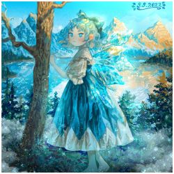 Rule 34 | 1girl, barefoot, blue bow, blue dress, blue eyes, blue hair, bow, cirno, cirno day, closed mouth, commentary, dated, dress, full body, hair bow, highres, ice, ice wings, k0nfette, lake, looking at viewer, mountain, nature, outdoors, puffy short sleeves, puffy sleeves, scenery, shirt, short hair, short sleeves, snowflakes, solo, touhou, tree, wavy hair, white shirt, wings