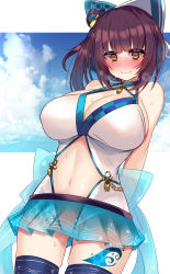 Rule 34 | 1girl, @ @, aqua skirt, bashamichi hagemi, blush, breasts, brown hair, cleavage, cleft of venus, clothing cutout, covered erect nipples, cowboy shot, hair behind ear, highres, indie virtual youtuber, kutan, large breasts, leg tattoo, looking at viewer, navel cutout, pussy, pussy juice, see-through, see-through skirt, short hair, skirt, smile, solo, swimsuit, tattoo, virtual youtuber, wavy mouth, yellow eyes