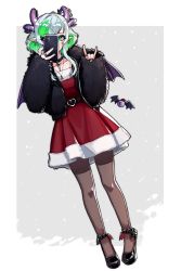 Rule 34 | 1girl, \n/, absurdres, alternate costume, black coat, black footwear, blue hair, bsapricot, apricot the lich, cellphone, christmas, coat, commentary, dress, earrings, english commentary, fur coat, green hair, high heels, highres, holding, holding phone, horns, jewelry, leggings, legs, lich, looking at viewer, multicolored hair, nail polish, phone, pointy ears, red dress, ring, santa dress, short hair, short hair with long locks, smartphone, solo, v, virtual youtuber, vshojo