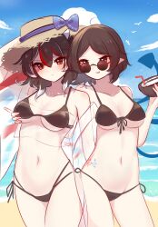 Rule 34 | 2girls, absurdres, alternate costume, arm hug, asymmetrical wings, bikini, black bikini, black hair, blue bow, blue sky, blue wings, blush, bow, breasts, chinese commentary, closed mouth, cloud, coconut cup, commentary request, contrapposto, cowboy shot, day, drinking straw, expressionless, hair between eyes, hat, hat bow, highres, horns, houjuu nue, kijin seija, long bangs, looking at viewer, medium bangs, medium breasts, multicolored hair, multiple girls, navel, open mouth, pointy ears, red eyes, red hair, red wings, round eyewear, shen bi ren (user rjgy2824), short hair, simple bird, sky, small horns, smile, streaked hair, sun hat, sunglasses, swept bangs, swimsuit, touhou, white hair, white horns, wings