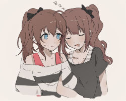 Rule 34 | 2girls, ahoge, bare shoulders, black bow, black shirt, blue eyes, blush, bow, breasts, brown hair, cleavage, closed eyes, collarbone, commentary, drooling, grey background, hair bow, highres, idolmaster, idolmaster million live!, long hair, looking at another, multiple girls, off-shoulder shirt, off shoulder, open mouth, pann (1202zzzx00), pink tank top, ponytail, satake minako, shirt, short sleeves, sidelocks, simple background, sleeping, sweatdrop, tank top, white tank top, yokoyama nao, zzz