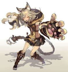 Rule 34 | 10s, 1girl, animal ears, animal hands, arm strap, bare shoulders, belt, boots, breasts, bukurote, center opening, claw (weapon), erune, fang, flipped hair, full body, gloves, gradient background, granblue fantasy, hip vent, hood, knee boots, long hair, looking at viewer, miniskirt, open mouth, outstretched arm, paw gloves, red eyes, sen (granblue fantasy), shadow, silver hair, skirt, small breasts, solo, thighs, weapon