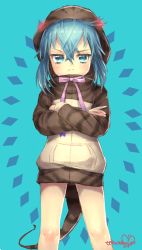 Rule 34 | 1other, blue eyes, blue hair, blush, closed mouth, crossed arms, hood, hooded jacket, jacket, long hair, looking at viewer, murata tefu, original, solo, tail