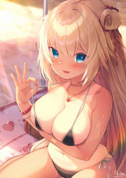 Rule 34 | 1girl, akai haato, arm under breasts, beach mat, bead bracelet, beads, bikini, black bikini, blonde hair, blue eyes, blush, bracelet, breasts, collarbone, commentary request, day, earrings, fang, hair between eyes, hair ribbon, heart, heart earrings, heart necklace, highres, hololive, jewelry, large breasts, light particles, looking at viewer, magowasabi, nail polish, necklace, one-piece tan, one side up, outdoors, red nails, ribbon, side-tie bikini bottom, signature, sitting, skin fang, smile, solo, strap lift, string bikini, sweat, swimsuit, tan, tanline, thighhighs, twitter username, virtual youtuber