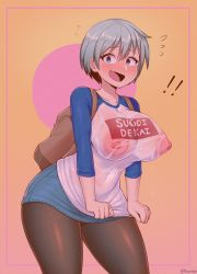 Rule 34 | !, 1girl, artist name, backpack, bag, blue eyes, blush, breasts, clothes pull, collarbone, covered navel, denim, denim skirt, fang, highres, huge breasts, large areolae, large breasts, long sleeves, looking at viewer, negitivess, nipples, open mouth, pantyhose, raglan sleeves, see-through, shirt, shirt pull, short hair, silver hair, skin fang, skirt, smile, solo, sugoi dekai, thighs, uzaki-chan wa asobitai!, uzaki hana, wet, wet clothes, wet shirt, wide hips