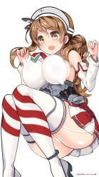 Rule 34 | 10s, 1girl, 2015, bare shoulders, blush, bouncing breasts, breasts, brown eyes, brown hair, corset, dated, detached sleeves, female focus, highres, image sample, kantai collection, knees together feet apart, kuro chairo no neko, large breasts, littorio (kancolle), long hair, long sleeves, maid headdress, md5 mismatch, miniskirt, necktie, open mouth, panties, pantyshot, paw print, ponytail, resolution mismatch, simple background, skirt, solo, source larger, striped clothes, striped thighhighs, thighhighs, twitter username, underwear, white background, white panties