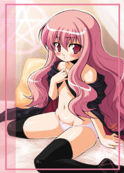 Rule 34 | 00s, 1girl, black thighhighs, cape, flat chest, kekocha, long hair, looking at viewer, louise francoise le blanc de la valliere, navel, panties, pink hair, sitting, solo, thighhighs, topless, underwear, underwear only, very long hair, wariza, white panties, zero no tsukaima