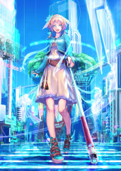 Rule 34 | 1girl, aqua theme, belt, blind, blonde hair, blue eyes, blue jacket, blue sky, blue theme, building, cane, city, cloud, cropped jacket, crosswalk, day, dress, english text, foreshortening, full body, hairband, high belt, high tops, highres, hologram, holographic interface, jacket, long hair, looking at viewer, low twintails, monorail, nina (ninageya), no pupils, original, outdoors, science fiction, shibuya (tokyo), shoes, shrug (clothing), sky, skyscraper, sneakers, solo, tassel, tokyo (city), tree, twintails, white cane, white dress