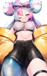 Rule 34 | 1girl, bike shorts, bow-shaped hair, breasts, character hair ornament, creatures (company), curvy, game freak, hair ornament, highres, iono (pokemon), jacket, long hair, md5 mismatch, medium breasts, multicolored hair, nintendo, pink eyes, pink hair, pokemon, pokemon sv, resolution mismatch, sharp teeth, silly (marinkomoe), solo, source smaller, split-color hair, teeth, thick thighs, thighs, twintails, two-tone hair, very long hair, very long sleeves, x, yellow jacket