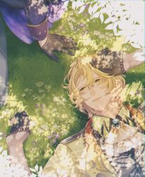 Rule 34 | 2boys, ascot, black gloves, black shirt, blonde hair, brooch, collared shirt, dappled sunlight, flower, glasses, gloves, green eyes, grey pants, half gloves, hand on own head, highres, ichinose tokiya, jacket, jewelry, lace, lace-trimmed gloves, lace trim, leaf, looking at another, looking up, lying, male focus, multiple boys, official alternate costume, official alternate hairstyle, on back, on grass, out of frame, pants, parted bangs, parted lips, purple flower, purple jacket, ran (12 rn 09), see-through, see-through gloves, semi-rimless eyewear, shinomiya natsuki (uta no prince-sama), shirt, short hair, sitting, sleeve cuffs, smile, solo focus, sunlight, upper body, uta no prince-sama, uta no prince-sama: shining live, white ascot, white flower, yellow jacket