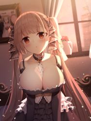 Rule 34 | 1girl, :o, absurdres, azur lane, bare shoulders, between breasts, black bow, black dress, blurry, blurry background, blurry foreground, blush, bow, breasts, brown eyes, brown hair, cleavage, clothing cutout, collarbone, commentary request, curtains, depth of field, dress, flower, formidable (azur lane), hair bow, highres, indoors, large breasts, long hair, long sleeves, looking at viewer, parted lips, picture frame, red flower, seero, shoulder cutout, solo, twintails, vase, very long hair, window