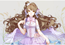 Rule 34 | 10s, 1girl, arm cuffs, bow, brown hair, dress, feathered wings, hair bow, hair ornament, hairclip, lace, lace-trimmed dress, lace trim, long hair, looking at viewer, love live!, love live! school idol festival, love live! school idol project, low wings, minami kotori, minhoo, nail polish, pom pom (clothes), see-through, side ponytail, sleeveless, sleeveless dress, smile, solo, upper body, white bow, white dress, white wings, wings, x hair ornament, yellow eyes