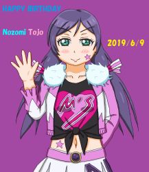 Rule 34 | 1girl, 2019, artist name, artist request, black shirt, blush, bow, female focus, green eyes, hand wave, highres, jacket, long hair, looking at viewer, love live!, love live! school idol festival, love live! school idol project, pink jacket, purple background, purple hair, shirt, smile, solo, star tattoo, striped, striped bow, tattoo, tojo nozomi, white shirt
