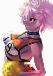 Rule 34 | 10s, 1girl, armpits, ashido mina, bare arms, black sclera, boku no hero academia, bouncing breasts, breasts, cheerleader, colored sclera, colored skin, grin, horns, looking at viewer, medium breasts, messy hair, pink hair, pink skin, pom pom (cheerleading), profile, short hair, simple background, smile, solo, uenoryoma, upper body, white background, yellow eyes