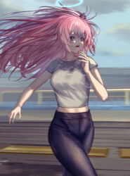 Rule 34 | 1girl, absurdres, ambriel (arknights), arknights, black pants, breasts, commentary request, cowboy shot, etobane, grey shirt, halo, hand up, highres, leggings, long hair, medium breasts, midriff peek, open mouth, outdoors, pants, pink hair, purple eyes, shirt, short sleeves, solo, standing, thighs, very long hair
