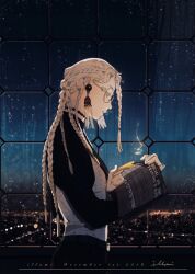 Rule 34 | 1girl, artist name, blonde hair, book, braid, cowboy shot, earrings, from side, glasses, highres, holding, holding book, illumi999, indoors, jewelry, light, long hair, multiple braids, night, night sky, original, parted lips, reading, sky, solo, star (sky), starry sky, window, yellow eyes