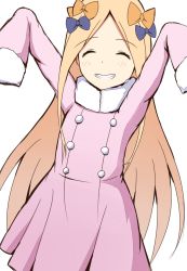Rule 34 | 1girl, \o/, ^ ^, abigail williams (fate), absurdres, arms up, blonde hair, blue bow, blush, bow, closed eyes, commentary request, dress, facing viewer, fate/grand order, fate (series), forehead, fur-trimmed dress, fur-trimmed sleeves, fur trim, grin, hair bow, highres, long hair, long sleeves, mitchi, orange bow, outstretched arms, parted bangs, pink dress, pleated dress, sleeves past fingers, sleeves past wrists, smile, solo, very long hair