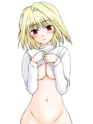 Rule 34 | 00s, 1girl, arcueid brunestud, ayase toworu, blonde hair, blush, bottomless, breasts, clothes lift, functionally nude, medium breasts, no bra, red eyes, shirt lift, short hair, solo, sweater, tsukihime, turtleneck