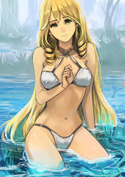 1girl absurdres bare_shoulders bikini blonde_hair breasts female_focus green_eyes highres long_hair looking_at_viewer navel okuto original solo swimsuit thighs very_long_hair white_bikini