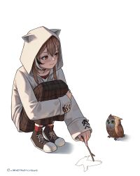 Rule 34 | 1girl, animal hood, artist name, backlighting, bird, black choker, black hair, blush, brown bird, brown eyes, brown footwear, brown hair, choker, closed mouth, eyelashes, full body, hair between eyes, highres, holding, holding stick, hololive, hololive english, hood, hood up, hugging own legs, jacket, light smile, long hair, long skirt, long sleeves, looking at animal, looking at another, multicolored hair, nanashi mumei, nanashi mumei (casual), one-hour drawing challenge, owl, plaid, plaid skirt, red shirt, red socks, seventeencrows, shadow, shirt, shoes, simple background, skirt, sleeves past wrists, smile, sneakers, socks, solo, squatting, stick, streaked hair, sweater, twitter username, virtual youtuber, white background, white hair, white jacket, white sweater