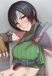 Rule 34 | 1girl, :d, armor, bare shoulders, black hair, bob cut, breasts, brown eyes, brown gloves, crop top, final fantasy, final fantasy vii, fingerless gloves, fishnets, gloves, green sweater, grey background, grin, headband, heattech leotard, highres, looking at viewer, medium breasts, midriff, navel, open mouth, ribbed sweater, sgk, short hair, sitting, sleeveless, sleeveless turtleneck, smile, solo, sweater, turtleneck, twitter username, upper body, yuffie kisaragi