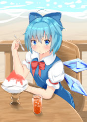 Rule 34 | 1girl, :/, ahoge, beach, blue dress, blue eyes, blue hair, blush, bow, chair, cirno, commentary request, cup, day, deck, dress, drinking glass, food, furrowed brow, hair between eyes, hair bow, holding, holding spoon, ice, looking at viewer, ocean, outdoors, pinafore dress, puffy short sleeves, puffy sleeves, red neckwear, red ribbon, ribbon, rururiaru, shaved ice, shirt, short hair, short sleeves, sitting, sleeveless dress, solo, spoon, table, touhou, white shirt, wings