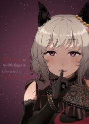 Rule 34 | 1girl, absurdres, black dress, black gloves, blurry, commentary request, curren chan (sakutsuki ma cherie) (umamusume), curren chan (umamusume), dakappa, depth of field, dress, ear covers, ear ornament, elbow gloves, english text, finger to mouth, frilled dress, frills, gloves, highres, horse girl, lace trim, light brown hair, looking at viewer, medium hair, partial commentary, pov, red background, red eyes, sleeveless, sleeveless dress, solo, string, string of fate, umamusume