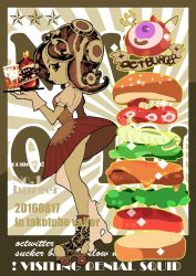 Rule 34 | 1girl, alternate costume, burger, commentary request, english text, food, full body, highres, inkling player character, looking at viewer, nintendo, no mask, octoling, pinup (style), roller skates, senoitiziku, short eyebrows, skates, skirt, solo, splatoon (series)
