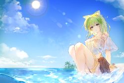 Rule 34 | 1girl, animal ear fluff, animal ears, arknights, bare legs, black skirt, blue sky, breasts, candy, casual, cat ears, chinese commentary, cloud, commentary request, crop top, day, food, food in mouth, green eyes, green hair, highres, horizon, kal&#039;tsit (arknights), large breasts, lollipop, medium hair, noriya, ocean, off-shoulder shirt, off shoulder, outdoors, shirt, skirt, sky, soaking feet, solo, sun, thigh strap, water, white shirt
