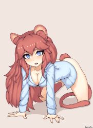 Rule 34 | 1girl, absurdres, all fours, animal ear fluff, animal ears, artist name, ass, bad link, blue eyes, bottomless, breasts, brown fur, brown hair, cleavage, commentary, commission, dormouse (monster girl encyclopedia), dress shirt, english commentary, full body, fur, highres, long hair, long sleeves, looking at viewer, medium breasts, meolucky147, monster girl encyclopedia, mouse ears, mouse girl, mouse tail, no panties, open mouth, original, shirt, simple background, solo, tail, vellu (geenemous), vellu (geenymous), white shirt
