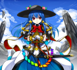 Rule 34 | 1girl, adapted costume, armor, bad id, bad pixiv id, blue hair, blue sky, bow, cloud, crossed arms, day, floating rock, floating rocks, food, fruit, gauntlets, hat, hinanawi tenshi, hotori (sion), looking at viewer, peach, red eyes, shirt, skirt, sky, smile, solo, sword, touhou, weapon
