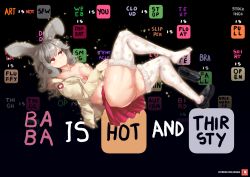 Rule 34 | animal ears, baba (baba is you), baba is you, blouse, breasts, dildo, english text, from side, full body, gradient background, jacket, nipples, no bra, open clothes, open shirt, pink eyes, rabbit ears, sex toy, shirt, shoes, unworn shoes, skirt, slippers, smile, solo, thighhighs, velminth, white hair