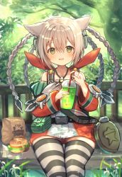 Rule 34 | 1girl, :d, animal ears, bad id, bad pixiv id, bag, belt, bench, bottle, braid, brown eyes, burger, character request, commentary request, cup, disposable cup, drink, drinking straw, food, hair between eyes, hair ornament, highres, long hair, looking at viewer, marekamico, meat, multiple braids, open mouth, paper bag, park bench, phantasy star, phantasy star online 2, seiza, sidelocks, silver hair, sitting, smile, solo, striped clothes, striped thighhighs, thighhighs, water bottle, zettai ryouiki