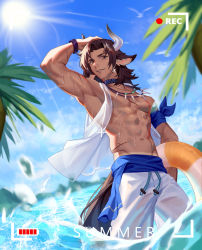 Rule 34 | 1boy, absurdres, animal ears, arknights, arm up, armband, black choker, blue sky, brown eyes, brown hair, choker, cow ears, cow horns, day, highres, horns, innertube, jewelry, looking at viewer, male focus, matterhorn (arknights), matterhorn (beach guard) (arknights), mosi l, navel, necklace, official alternate costume, outdoors, pants, scar, see-through, sky, solo, swim ring, tail, wading, water, wet, white pants, wristband