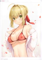 Rule 34 | 1girl, 6u (eternal land), absurdres, bikini, blonde hair, blush, bow, braid, breasts, character name, collarbone, fate/extra, fate (series), french braid, gradient background, green eyes, hair bow, hair bun, hair intakes, hand on own chest, highres, jacket, long sleeves, looking at viewer, medium breasts, navel, nero claudius (fate), nero claudius (fate) (all), nero claudius (fate/extra), nipples, off shoulder, open clothes, open jacket, petals, red bikini, scan, see-through, signature, simple background, single hair bun, smile, solo, swimsuit, upper body