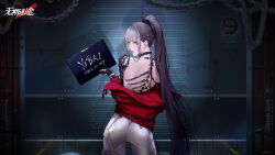 Rule 34 | 1girl, ass, backless outfit, bai yi (path to nowhere), black gloves, blue eyes, blunt bangs, braid, chain, character name, copyright name, cowboy shot, fingerless gloves, french braid, from behind, gloves, grey hair, hand up, height mark, high ponytail, highres, holding, holding sign, indoors, jacket, leaning to the side, logo, long hair, looking at viewer, looking back, mugshot, off shoulder, official art, official wallpaper, pants, parted lips, path to nowhere, prison cell, prison clothes, red jacket, sign, solo, tight clothes, tight pants, turning head, very long hair, white pants