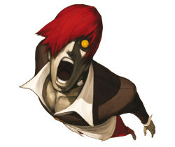 Rule 34 | 1boy, crazy eyes, dark persona, hair over one eye, highres, male focus, nona, official art, open mouth, orochi iori, pants, pectoral cleavage, pectorals, red hair, red pants, scary eyes, snk, solo, svc chaos, the king of fighters, yagami iori, yellow eyes