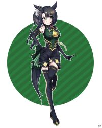 Rule 34 | 1girl, animal ears, artist logo, artist name, ascot, black footwear, black gloves, black hair, black shorts, boots, breasts, closed mouth, elbow gloves, full body, gloves, green eyes, green shirt, hand on own hip, highres, horse ears, horse girl, horse tail, long hair, looking at viewer, medium breasts, parted bangs, satono crown (umamusume), shironism, shirt, shorts, side ponytail, sleeveless, sleeveless shirt, smile, solo, tail, thigh boots, two-tone background, umamusume, yellow ascot