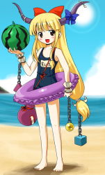 Rule 34 | 1girl, barefoot, beach, black one-piece swimsuit, chain, day, female focus, food, fruit, horns, ibuki suika, long hair, low-tied long hair, michii yuuki, name connection, name tag, object namesake, one-piece swimsuit, school swimsuit, solo, sun, swimsuit, touhou, watermelon