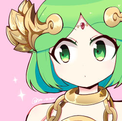 Rule 34 | 1girl, alternate hairstyle, ancient greek clothes, bare shoulders, chiton, dot nose, eyelashes, forehead jewel, green eyes, green hair, hair ornament, highres, jewelry, kid icarus, kid icarus uprising, necklace, nintendo, palutena, pink background, short hair, sparkle, twitter username, upper body, yu makoto (yu uma)